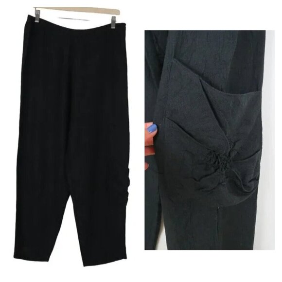 LAUREN VIDAL Women's Black Loose Crinkle Linen Rayon Pants L Elastic Waist - Picture 1 of 11